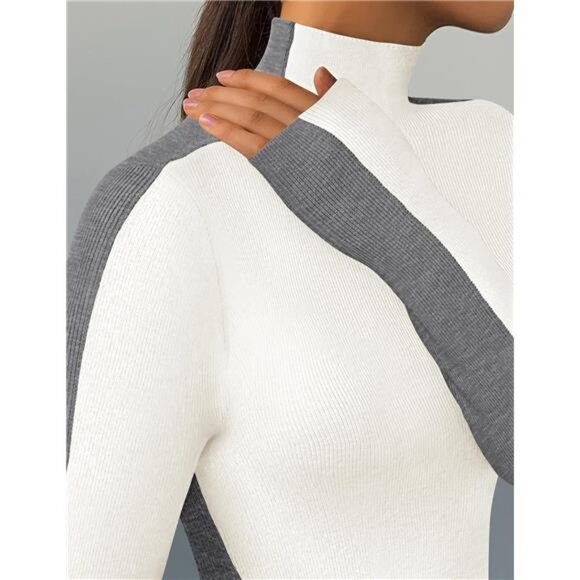 Women's Fall Mock Neck Sweaters - Long Sleeve Color Block Ribbed Knit Pullover - Picture 5 of 7
